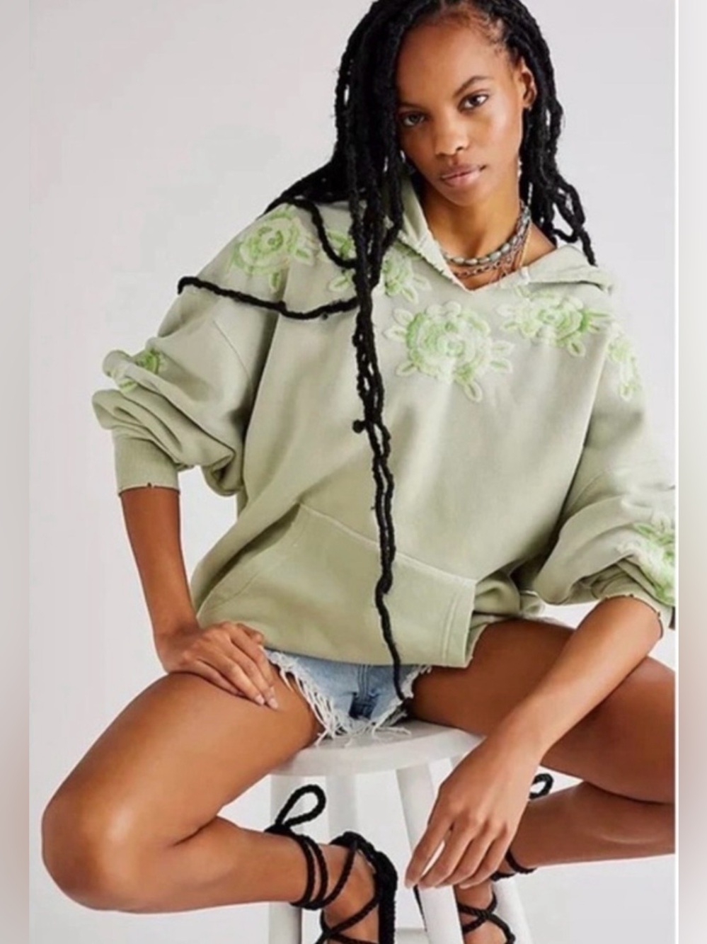 We The Free Oversized Hoodie, Sz. S, Lt. Green w/ Green/White Flower Embroidery